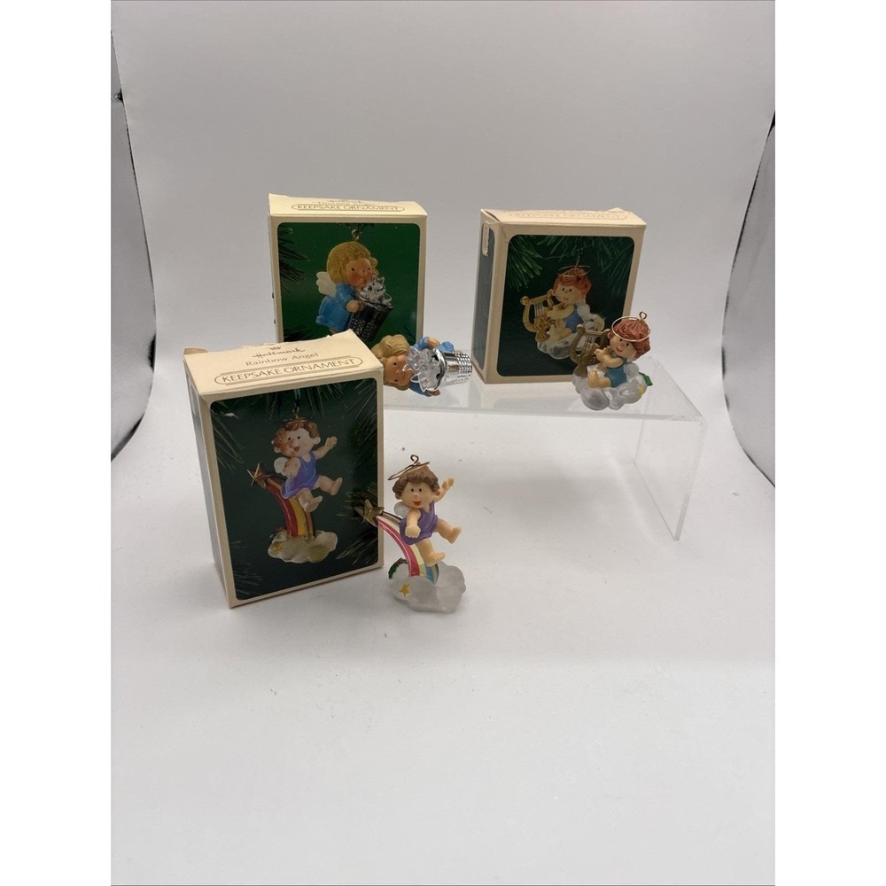 Vtg~Lot of 3~Hallmark Ornaments~Thimble Angel/Rainbow Angle/Music Angel~1980s